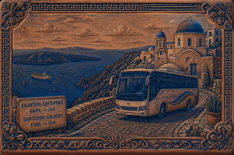 Sininen bussi ajamassa Santorinin maisemissa Sininen bussi ajamassa Santorinin maisemissa
