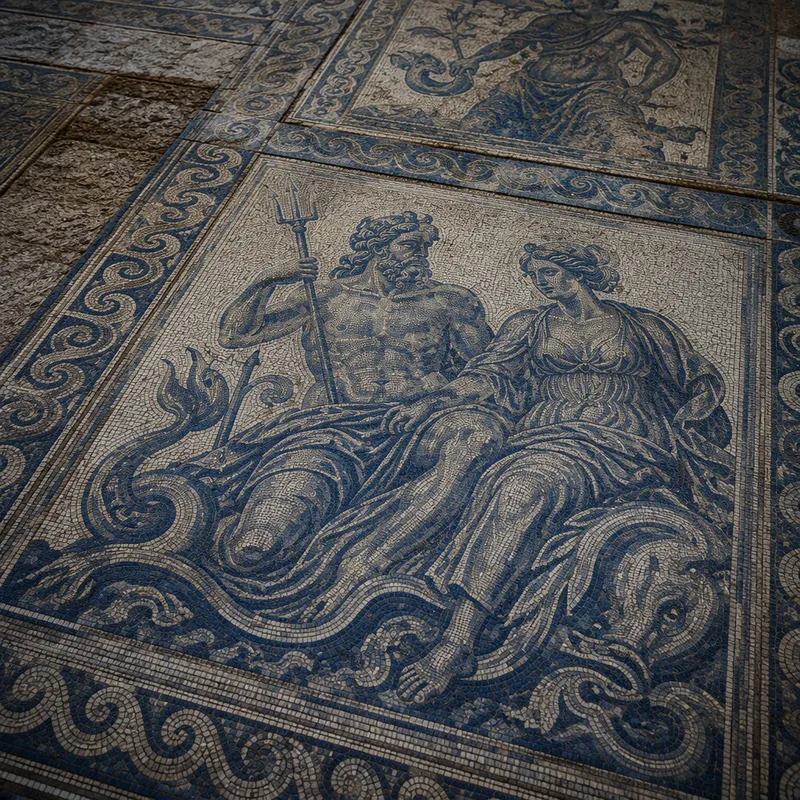 Muinaisia mosaiikkeja palatsin raunioiden lattialla