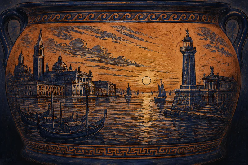 Venetsialainen satama ja majakka auringonlaskussa Venetsialainen satama ja majakka auringonlaskussa