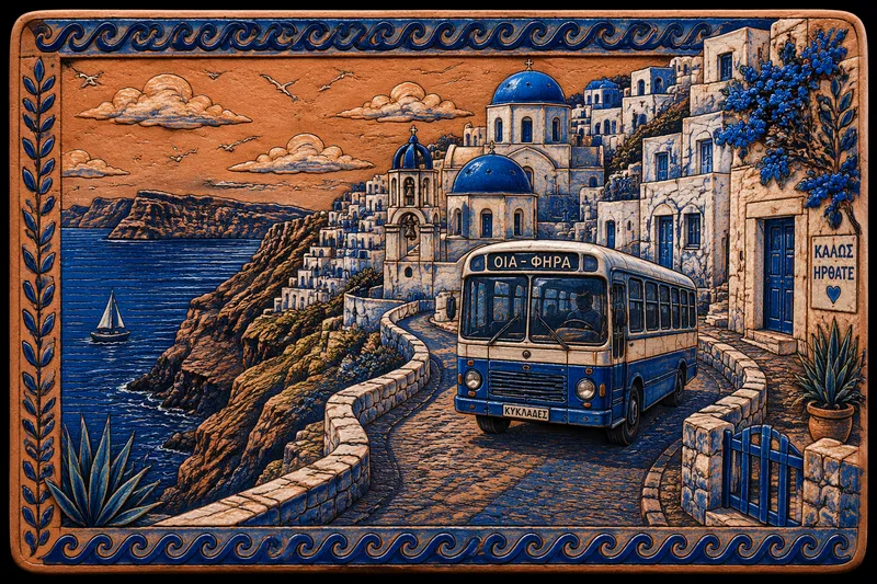 Bussi ajamassa mutkaista tietä Santorinin maisemissa Bussi ajamassa mutkaista tietä Santorinin maisemissa