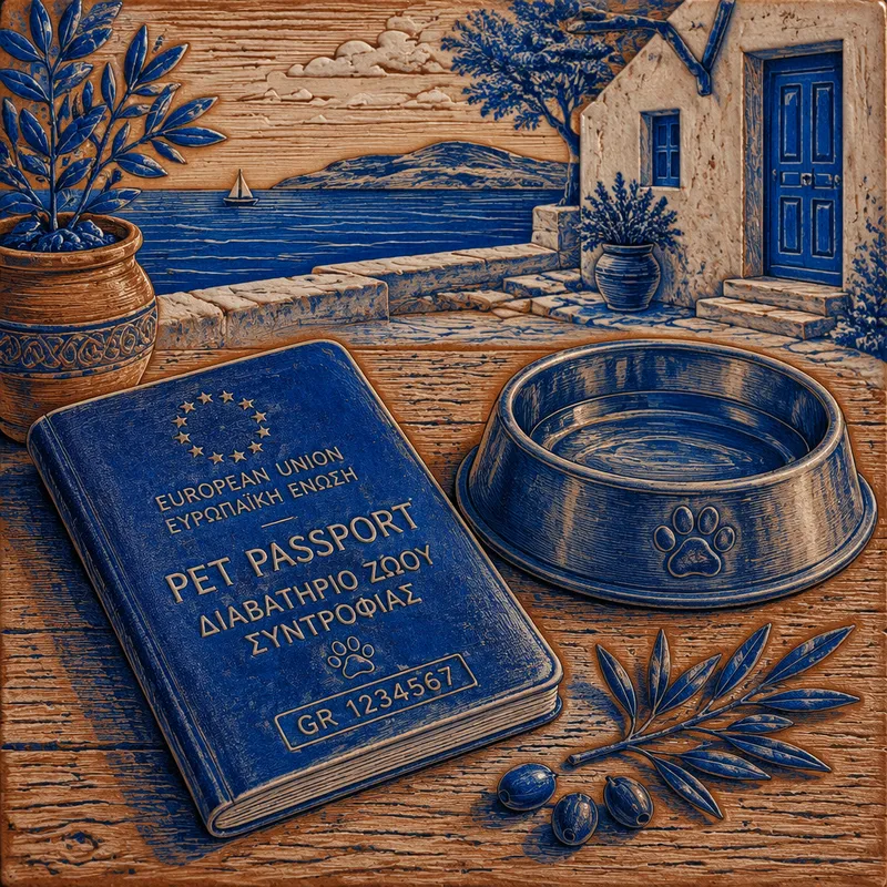 EU-lemmikkipassi ja matkakuppi puisella pöydällä