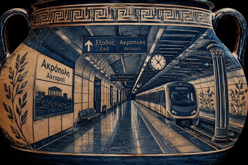 Ateenan moderni metroasema ja opasteet Ateenan moderni metroasema ja opasteet