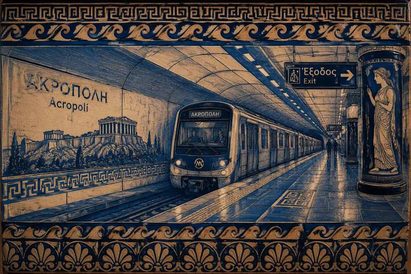 Moderni metrojuna saapumassa Ateenan metrolaiturille