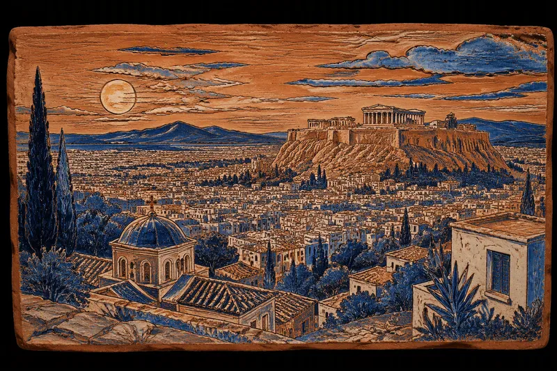 Ateenan panoraamanäkymä Lycabettus-kukkulalta auringonlaskun aikaan Ateenan panoraamanäkymä Lycabettus-kukkulalta auringonlaskun aikaan