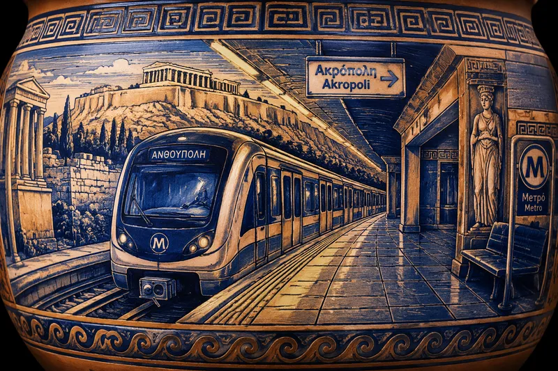 Ateenan moderni metroasema ja juna Ateenan moderni metroasema ja juna