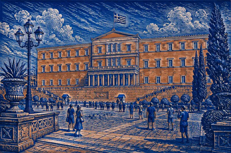 Kreikan parlamenttitalo auringonvalossa Ateenan keskustassa