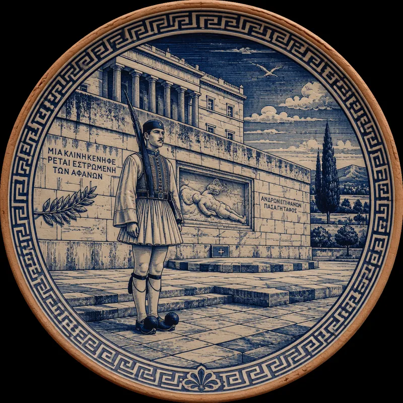 Vartiomies eli evzoni seisomassa vartiossa parlamenttitalon edustalla