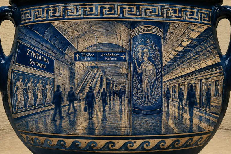 Moderni metroseinä Ateenassa ihmisvilinässä Moderni metroseinä Ateenassa ihmisvilinässä