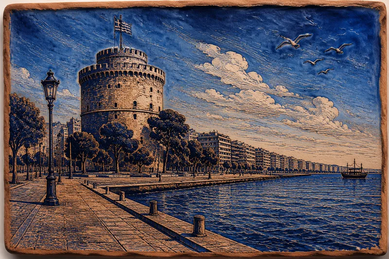 Valkoinen torni Thessalonikin rannikolla kirkkaana päivänä